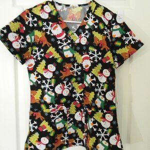 MicroFlex Christmas Santa Penguin Reindeer Snowman Black Scrub Top Sz S NWT